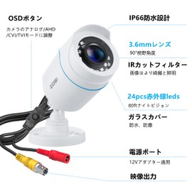 ZOSI Security Camera, Outdoor, 1080P, 2 Megapixels, Analog/AHD/CVI/TVI Camera, Infrared, 3.6 MM Wide Lens, Supports 960H/720P/1080P/5MP/4K Recorders, White