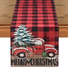 ROLOSI Merry Christmas Table Runner Seasonal Truck Kitchen Dining Table Runner Red and Black Buffalo Plaid Christmas Table Decoration for Home Party Holiday 13 x 72 inch
