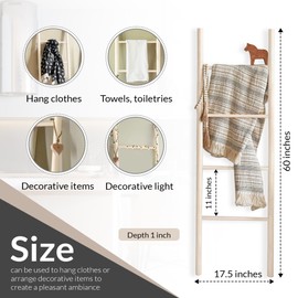 Wooden Blanket Ladder, 5.4 Ft, Blanket Quilt Towel Holder Rack Decorative Ladder, Multi-Style Ladder Shelf for Living Room Bedroom Bathroom Home Decor, White