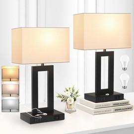 Kondras Set of 2 Table Lamps for Bedrooms, 3-Color Temperatures Touch Control Bedside Lamps with 2 USB Ports&AC Outlet, Stepless Dimmable Living Room Lamps for Nightstand, Bulbs Included, White&Black