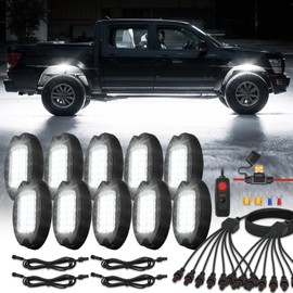 10Pods Metal Bright Pure White LED Rock Lights Kit with Switch Wiring Harness, 6000K 24LEDs Neon Underglow Light Aluminum Waterproof Fender Lights for Trucks Trailer Jeep Off Road ATV UTV SUV