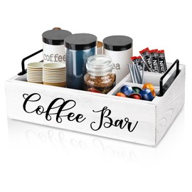 MINCORD Coffee Station Organizer Wooden Coffee Bar Holder Accessories for Countertop, Farmhouse Kcup Pod Storage Basket with Handle - White