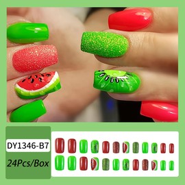 Summer Press on Nails Square Medium Length Fake Nails Watermelon Kiwi Designs Fruit Press ons Glue on Nails Red Green Acrylic False Nails for Women Summer Nail Decor Reusable Stick on Nails 24Pcs