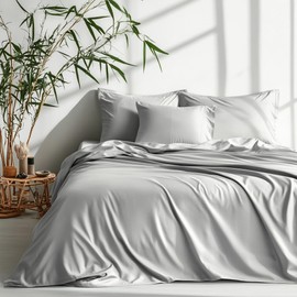 Lanqinglv Bed Linen 200 x 220 cm, 100% Bamboo Lyocell, Silver Grey Mako Satin Bed Linen Set Cooling with Zip, Oeko-Tex Certified, Luxury Smooth Duvet Cover 200 x 220 cm and 2 Pillowcases 80 x 80 cm
