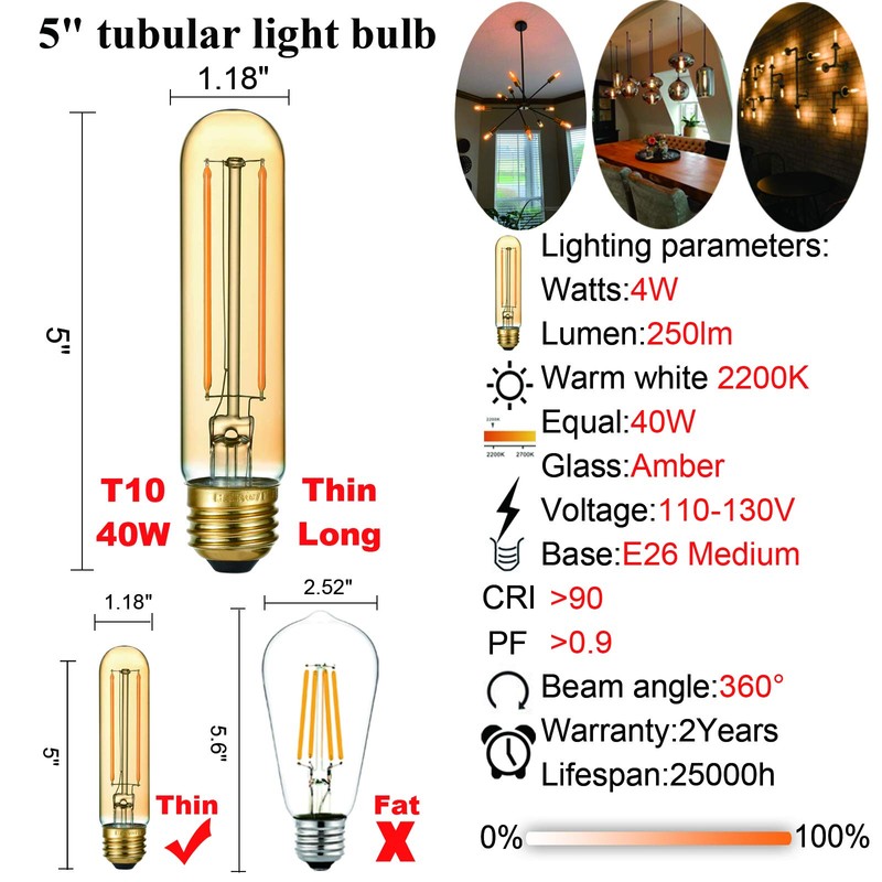 LiteHistory Dimmable T10 LED Bulb 4W Equal E26 Edison Bulb