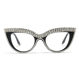 LJCZKA Vintage Blue Light Filter Glasses Cat Eyes with Rhinestones Women's Retro Glasses Without Prescription Women's Rhinestone Glasses with UV Protection, Black (black #2)