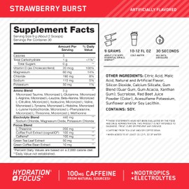 Optimum Nutrition Amino Energy Powder Plus Focus, with BCAA, Electrolytes, and Caffeine, Juicy Strawberry, 30 Servings (Packaging May Vary)