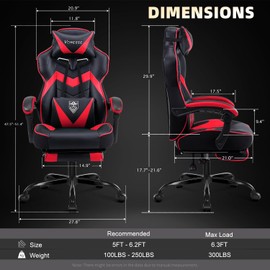 Vonesse Gaming Chair,Computer Chair with Footrest and Massage,Reclining Gaming Chairs for Adults,Big and Tall High Back Gamer Chair (Red/Black)