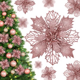 Waipfaru Christmas Tree Decorations, 12 Pcs Rose Gold Poinsettias Artificial Christmas Flowers, Pink Glitter Christmas Ornaments Picks for Christmas Tree Xmas Winter Wreath Garland Decor