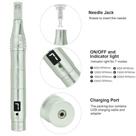 Dermapen TBPHP M1 Upgraded for Micro-Nadelrolle Pen with LCD Screen with 12pcs Cartridges, Wireless and rechargable,Silver