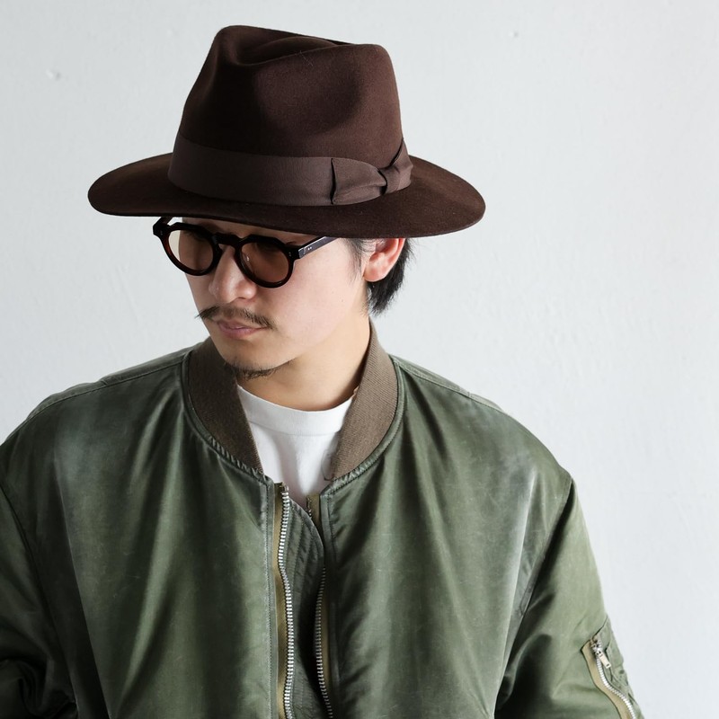 ReqHatter Middle Brim Flat Felt Hat, Center-Fold Fedora, Wide Brim,