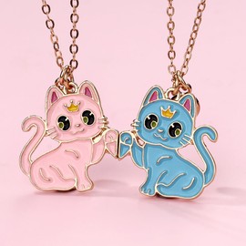 Saalort Best Friend Necklace for 2, Magnetic Sweet Cat Pendant Friendship BFF Birthday Gift for Women (Pink Blue)