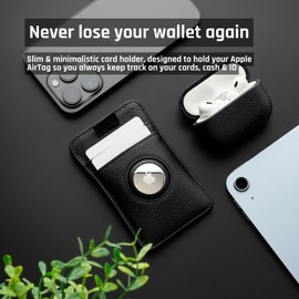 Credit Card Holder Wallet for AirTag | Italian Full Grain Leather | Thin and Minimalist Wallet | Holds up to 8 Cards | Quick and Smooth Access with Traction, Black, Minimalist