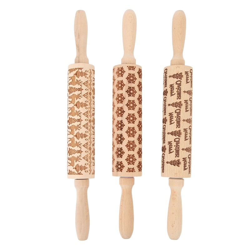 3Pcs Wooden Embossed Rolling Pin Cute Christmas Pattern Engraved Embossing
