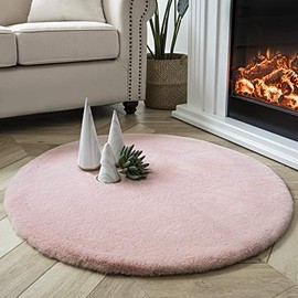 Ashler Ultra Soft Faux Rabbit Fur Chair Couch Cover Area Rug for Bedroom Floor Sofa Living Room Pink Round 3 x 3 Feet