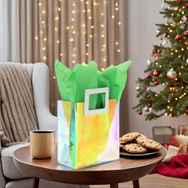 KeerxunBag 1 Pack Holographic Gift Bags with Handles & 2 Tissue Paper Sheets – Iridescent Transparent Reusable Bags for Women, Girls, Birthdays, Weddings，Green Gift Bag