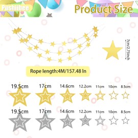 Star Banner Decorations, Gold Silver Star Garland Hanging Star Decoration, Paper Glitter Star String Streamers Double Side Hanging Twinkle Star for Birthday Wedding Party Decor