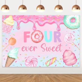 5x3ft Four Ever Sweet Birthday Backdrop Ice Cream Donut Birthday Party Backdrop Pink Donuts Fourth Birthday Party Banner Decorations for Princess Kids Girl Four Year Old Birthday Party Decor Supplies