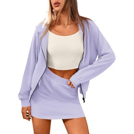 Fisoew Womens 2 Piece Outfits Sweatsuits Loose Fit Zip Up Hoodies Sweatshirt Casual Mini Skorts Fall Tracksuits Skirt Sets