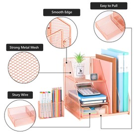 Topwey Rose Gold Desk Accessories, Office Supplies Desk Organizer Caddy with Sliding Drawer, Double Tray, File Organizer and pen holder for Home, Office School