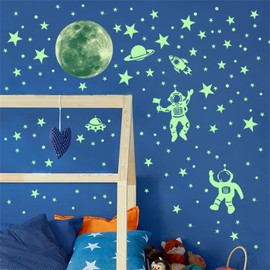 Hikosiya Hyq148 Wall Sticker, Cosmic Glow in the Dark Sticker, Star, Moon, Earth, Planet, Astronaut, Wallpaper Sticker, Illuminated Sticker, Interior, Kindergarten, Nursery, Children's Room, Stylish,