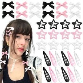 SAWINDA 36Pcs Pink Bow Hair Clips Y2K Star Hair Barrettes for Women Metal Snap Hair Clips Mini Black Satin Hair Bows Water Drop No Slip Hair Clips Bowknot Star Hair Pins Hair Accessories for Girls