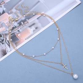 Wendalern Layered Pearl Gold Necklace for Women Cross Faux Pearl Pendant Necklace Layering Pearl Chain Choker Necklace Tiny Cross Pearl Drop Necklace Bridal Wedding Jewelry