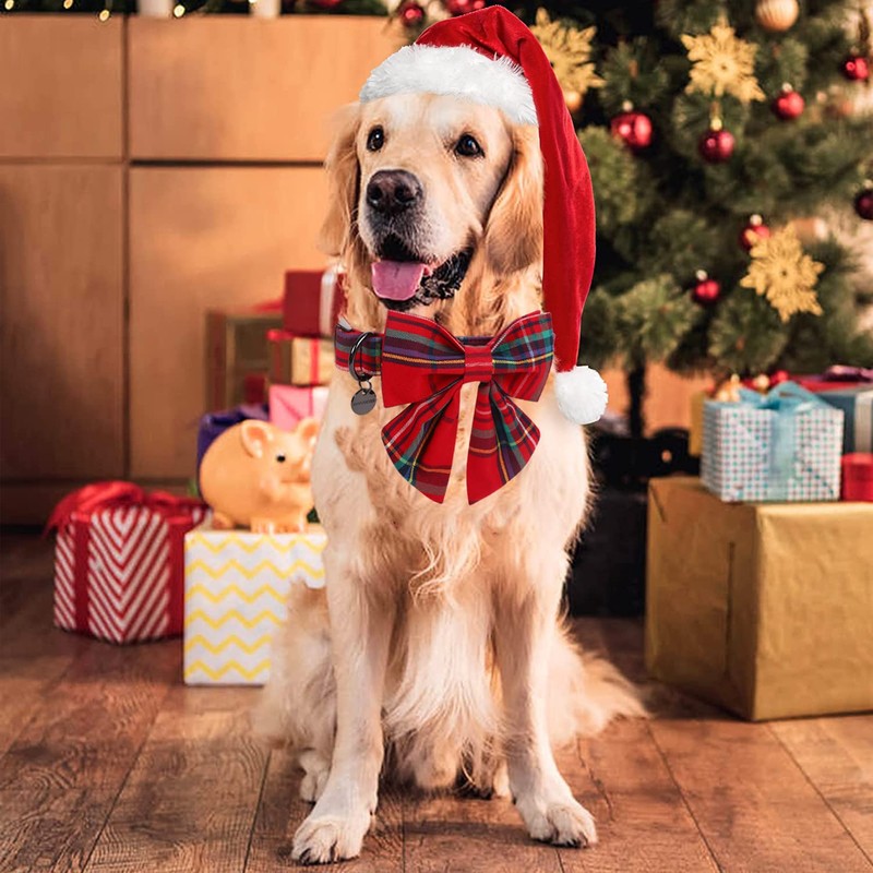 DOGWONG Christmas Dog Collar with Sailor Bow, Red Plaid Dog