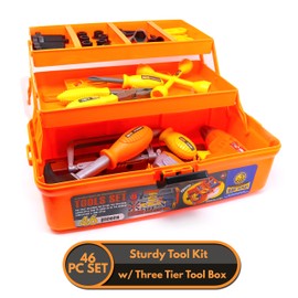 Big Mo's Toys Tool Box - Pretend Play STEM Three Tier Educational Tool Kit with Air Power Drill for Kids Toddler Gift of All Ages - 46 Piece Set