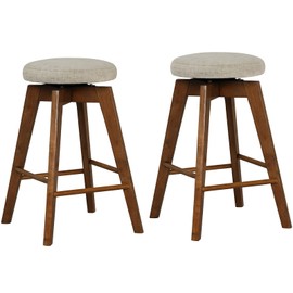 COSTWAY Swivel Bar Stools Set of 2, 26-inch Backless Counter Height Bar Chairs with Rubber Wood Legs, Linen Fabric Seat, Footrest, Modern Counter Stools for Kitchen Island, Pub, Dining, Beige+Brown