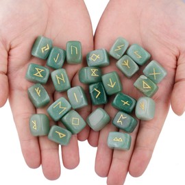 KYEYGWO Green Aventurine Witches Runes Set, Rune Stones with Engraved Elder Futhark Runic Alphabet for Divination Meditation Healing