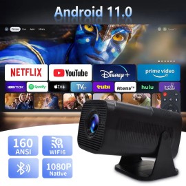 Smart Portable Projector 4K Android, WiFi 6 and Bluetooth 5.0, Full 1080p Support,Home Movie Projector with Video System E110color: Black, plug: US