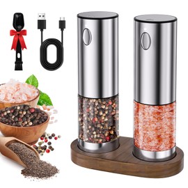 Electric Salt and Pepper Grinder Set Rechargeable, Stainless Steel Automatic Grinder with Adjustable Coarseness, LED Light, 2.3oz Capacity, Refillable, Includes Wooden Tray, Perfect for Home Cooks