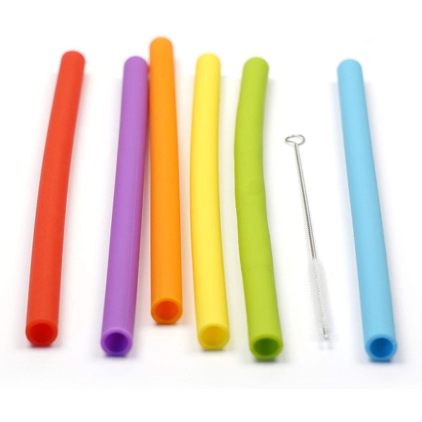 RSVP International Silicone 10" Smoothie Straws with Cleaning Brush, 6 Count | Reusable & Multi-Color | BPA-Free Silicone | For Smoothies, Frappes, Sodas, Tea & More | Dishwasher Safe