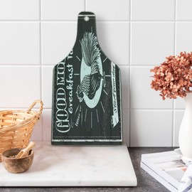 Lunarable Retro Cutting Board, Chalkboard Art Morning Rooster in Retro Style Inspirational Phrase Print, Decorative Tempered Glass Cutting and Serving Board, Wine Bottle Shape, Black and White