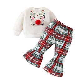 MAHUAOYIXI Toddler Baby Girls Christmas Outfits Deer Embroidery Long Sleeve Fuzzy Sweatshirt Top with Flare Pants 2Pcs Set Baby Christmas Clothes for Girls (White, 6-12 Months)