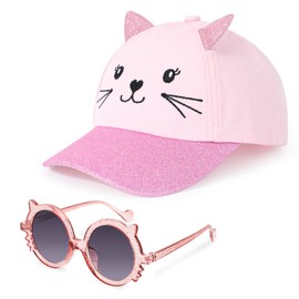 Girls Baseball Cap Kids Sunglasses Set,Adjustable Sun Hat Glitter Cat Ear Hat Cute Toddler Cap for Girls Ages 3-10Y Pink