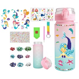 DIY Water Bottle Craft Kit with Mermaid Design, 600ml Bottle, Glitter Stickers, Temporary Tattoos and Keychain, Portable Art Set, Best Birthday for 4 6 8 12 Year Old Girls