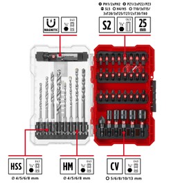 Original Einhell M-Case 39-Piece Impact-Resistant Accessory Set (25 Mm bits, Metal Drill bits, Universal Drill bits, 60 Mm bit Holder, Socket Spanner, Countersink incl. Storage Box)