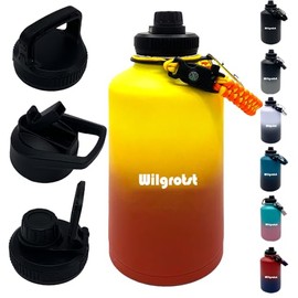 Wilgostst 64 oz Insulated Water Bottles, Big Sports Flask with Straw, Double Walled Stainless Steel Water Jug with 3 Lids & Handle for Outdoor, Camping, Cold for 48 H/Hot for 24 H, Yellowish Brown