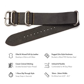 Benchmark Basics Leather Watch Band - Zulu Crazy Horse Oiled Leather One-Piece Watch Strap - 24mm Dark Grey