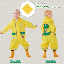 Vckrio Boys Waterproof Rain Suit Jumpsuit Children Yellow Mud Suit One Piece Rain Coat Overalls Lightweight Rainproof All in One Suit Reusable Breathable with Dinosaur Car Print for Kids 4-6 Years