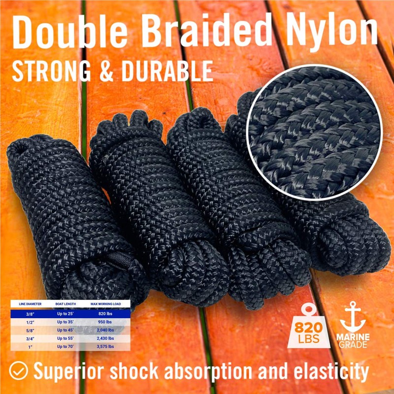Dock Lines for Boats 3/8" x 15ft, 4 Pack Double