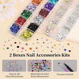 2 Boxes Flatback Glass and Resin Rhinestones with Tweezers and Brush Kit, Sparkling 1.5-6mm Clear & AB Flatback Crystal Gems, 2-5mm Mixed Size Resin Rhinestones for Face Makeup Manicure Crafts(9-K2)