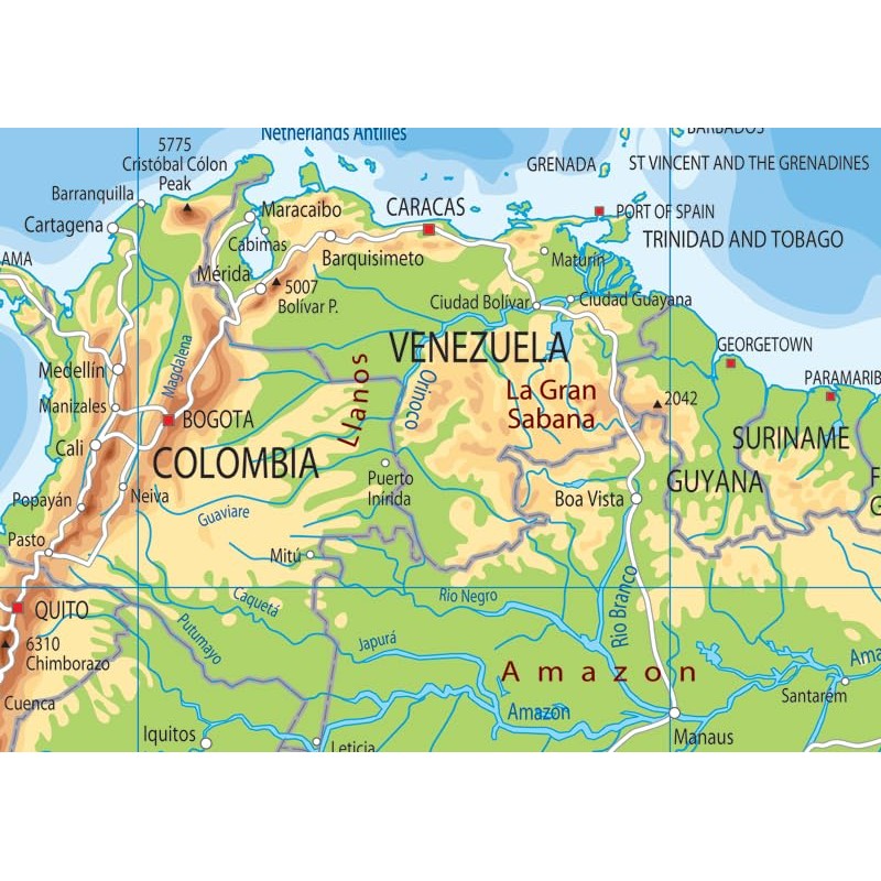 South America Physical Map - 23.3 x 16.5 Inches -