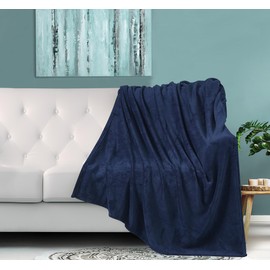 Home Beyond & HB design - Solid Flannel Throw Blanket with Foot Pocket for Sofa Couch - Lightweight Cozy - 50x60 Inch, Navy