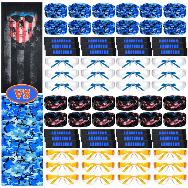 Sosation 72 Pcs Kids Party Supplies Compatible with Nerf, Include 24 Safety Tactical Glasses 24 Face Masks and 24 Gun Wrist Belt Bands Gun Accessories for Two Teams Birthday Party Favors Boys Girls