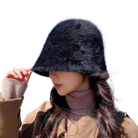 XINCHIA Winter Faux Fur Bucket Hat Fluffy Winter Hat Warm Hat for Women Plush Fisherman Hat Cap Warm Fishing Hat for Women Fluffy Fuzzy Warm Hat for Women Teens Black