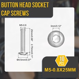 DTGN M5-0.8x25mm ボタンヘッドキャップボルト10パック ロードバイク マウンテンバイク 自動車 オートバイに最適 304ステンレススチール 白華処理仕上げ 六角ドライブファスナー