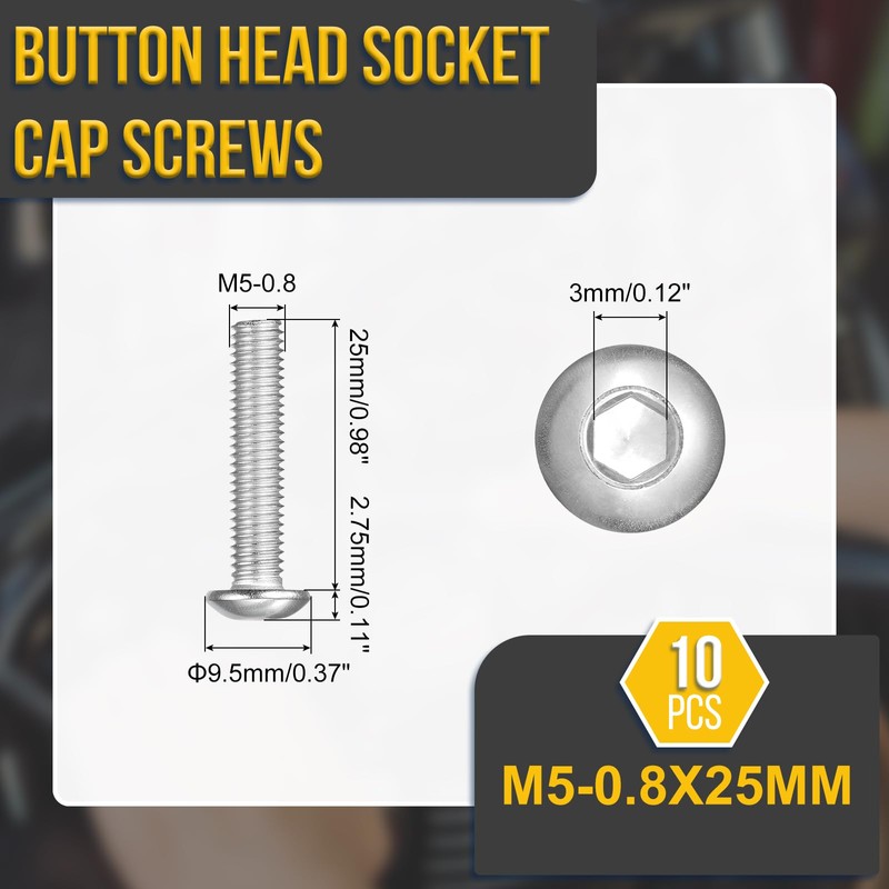 DTGN M5-0.8x25mm ボタンヘッドキャップボルト10パック ロードバイク マウンテンバイク 自動車 オートバイに最適 304ステンレススチール 白華処理仕上げ 六角ドライブファスナー